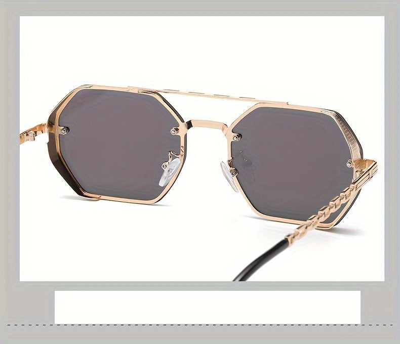 1pc Stylish Polygonal Golden Frame Fashion Glasses with Chain Link Design - Black Metal Fashion Glasses for Fashion-Forward Look