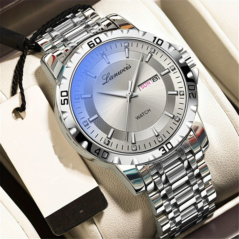 Luxury Men'S Quartz Watch - Sleek Round Dial with Dual Calendar, Luminous, Waterproof, Stainless Steel Band - Ideal Business Gift, Business Gift Watch|Minimalist Timepiece|Luminous Watch Face, Watch Accessories