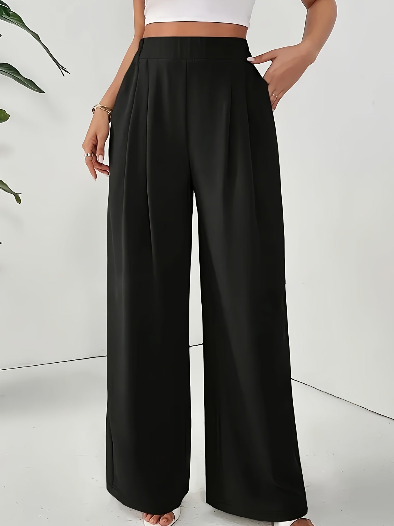 Women'S Stylish Gray Wide Leg Pants with Elastic Waistband and Double Pockets - Perfect for Office, Commuting, or Casual Wear