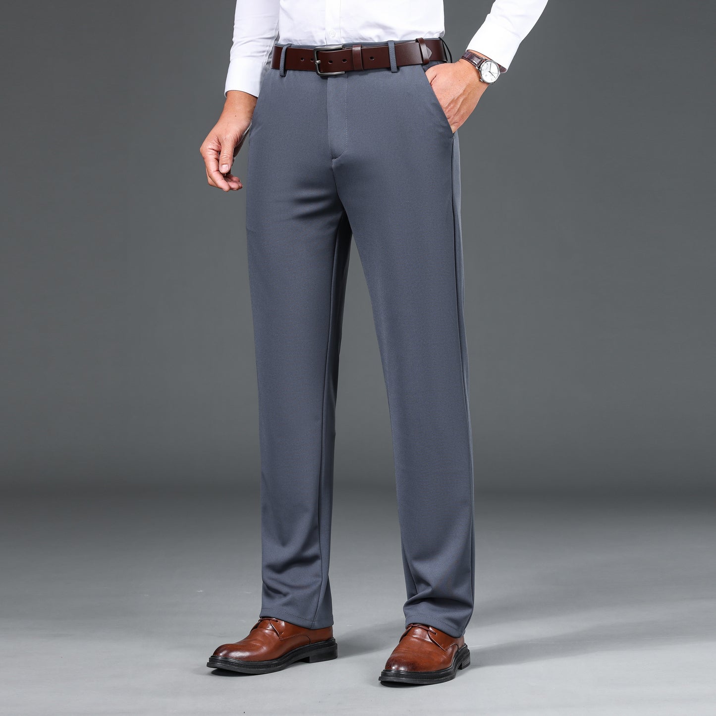 1pc Men'S Warmth Business Casual Pants, Fall/Winter Fleece-Lined Thickened Straight-Leg Trousers with Slant Pockets, Solid Color Knit Fabric Regular Fit Dress Pants with Zipper Closure, Medium Stretch Polyester