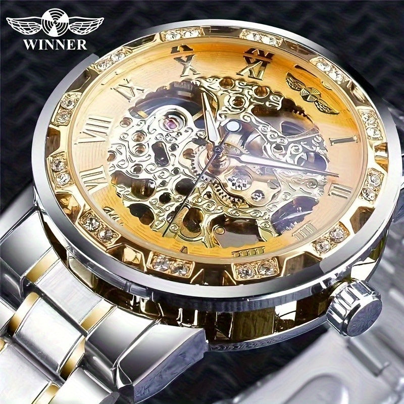 Fashion Classic Roma Watch Men Luxury Golden Skeleton Mechanical Hand Watches Casual Business Wristwatches Men Blue & Golden Accents, Casual Yet Versatile, Best Seller, Ideal Gift, Mechanical Movement, Watch Accessories, With