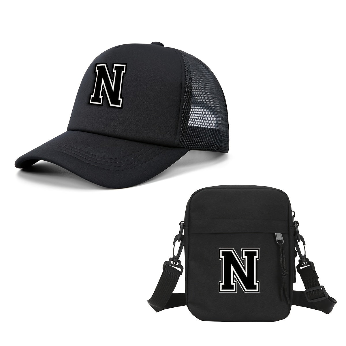 2pcs Men'S And Women'S 26-Letter Printed Trucker Hat & Bag Set, Mesh Breathable Versatile Casual Sun Hat, Suitable for Holiday Vacation, Mountain Climbing, Camping, Outdoor Street And Other Scenes, Suitable As a Birthday, Hol