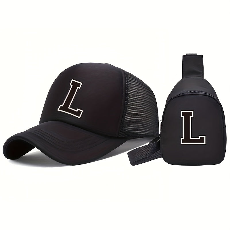 2pcs Youngsters' 26 Letter Print Truck Hat and Chest Bag Set, Fashionable Casual Sun Hat with Portable Storage Wallet, Suitable for Boys Girls Spring Summer Daily Outings, Perfect Back-to-School Season Gift