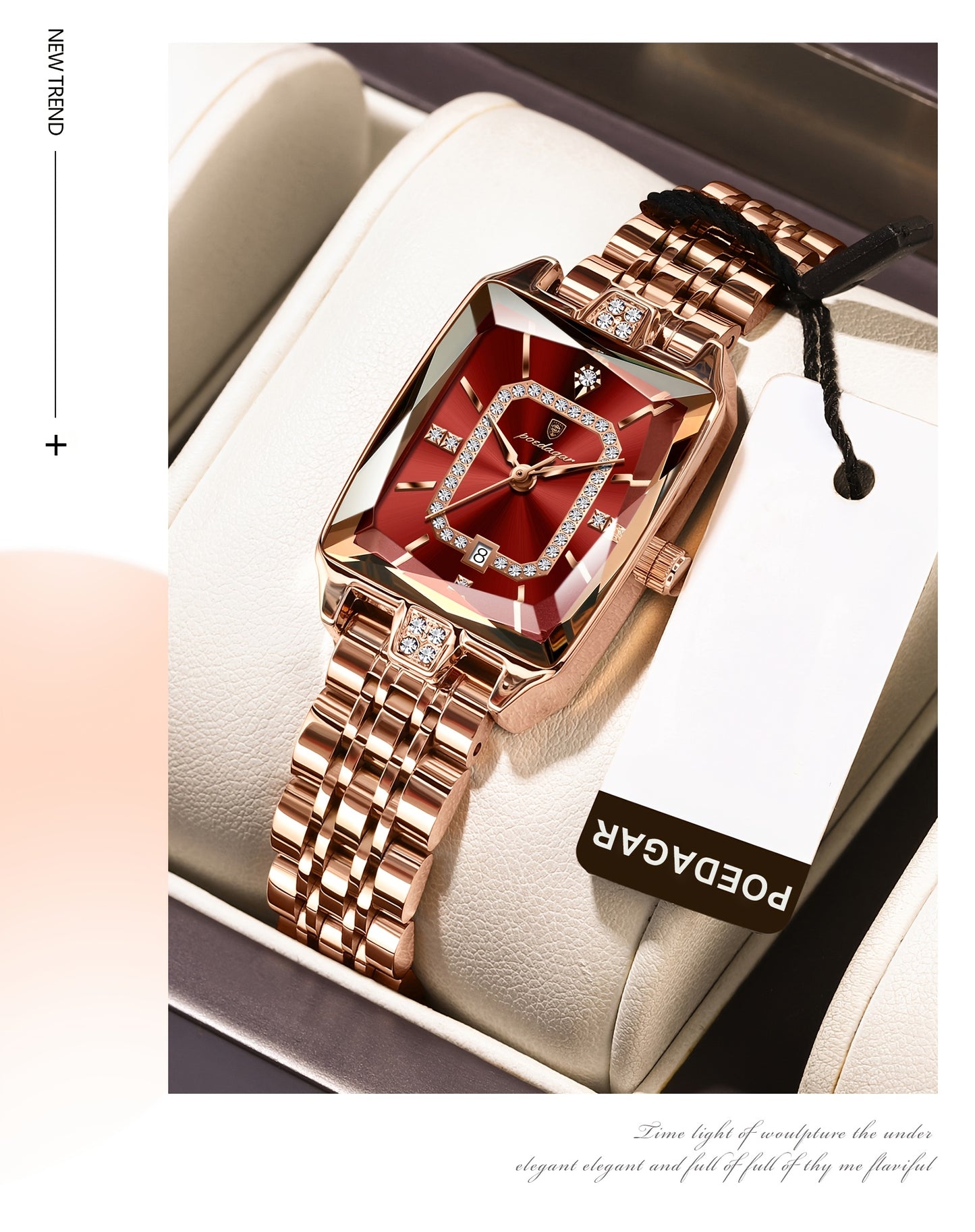 POEDAGAR Women's Ultra-Thin Stainless Steel Quartz Watch - 3ATM Waterproof, Luminous Red Dial with Date Calendar, Champagne Band & Case - Elegant Luxury Wristwatch for Teens & Adults, Perfect for Valentine's Day, Mother's Day