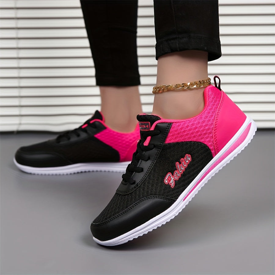 Women'S Breathable Lightweight Running Shoes - Black & Pink Checkered Design, Low-Top Lace-Up Sneakers with EVA Sole for Casual, Travel & Light Jogging, All-Season Comfort, Ladies Sneakers, Stylish Sportswear, Cushioned Suppo