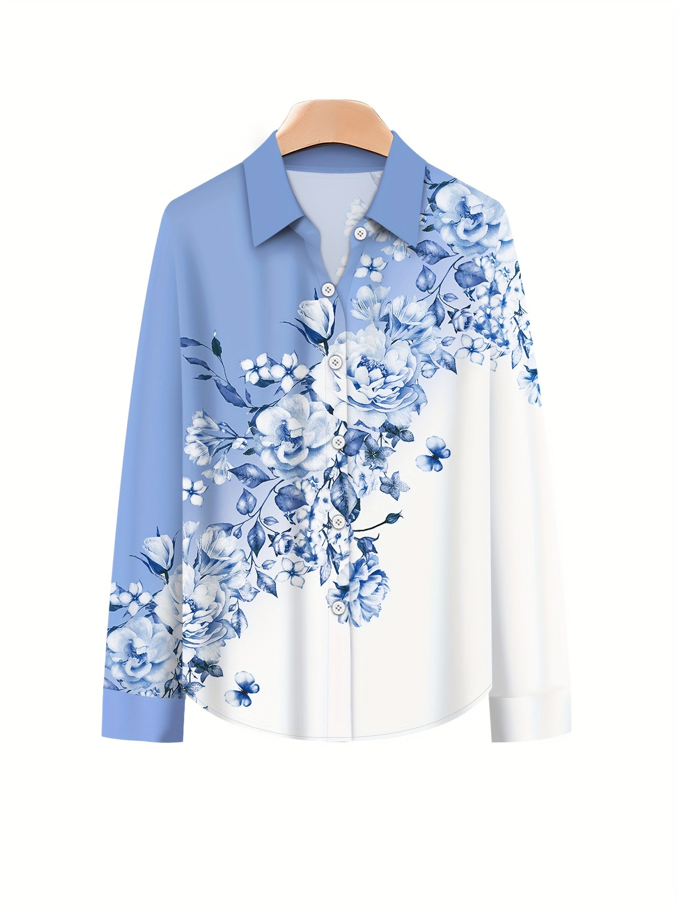 Women'S Elegant Set of Contrasting Floral Print Long-Sleeve Lapel Shirt Top And Solid Color Loose Pants Two-Piece Set