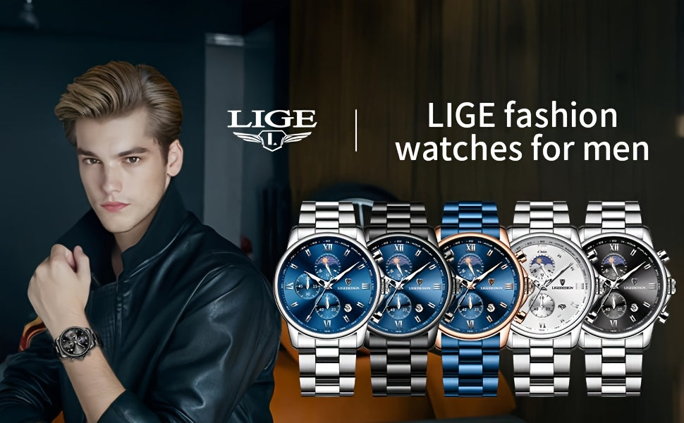 LIGE Black Blue Quartz Watch with Calendar, Exquisite & Simple Dial Stainless Steel Strap Multiple Colors High-quality Wrist Watch