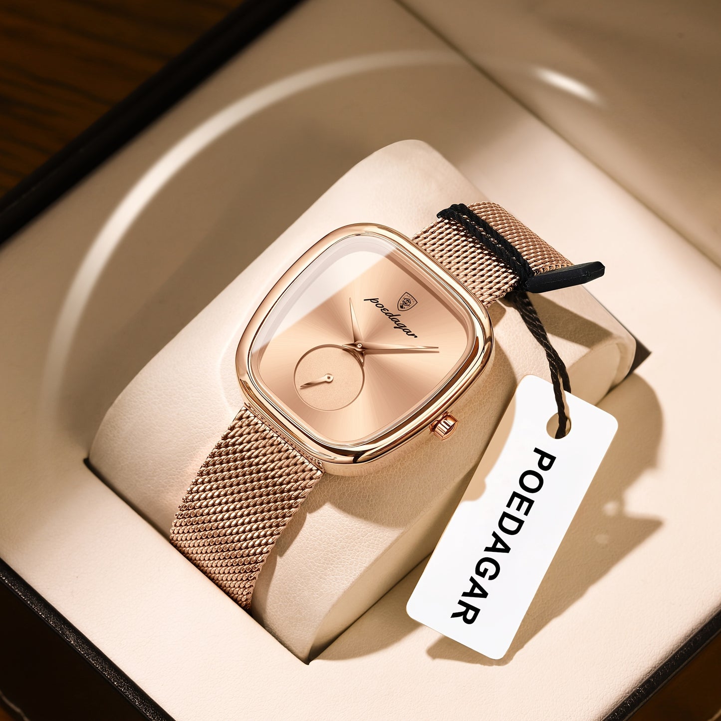 POEDAGAR Elegant Women's Quartz Watch - Waterproof, Stainless Steel Mesh Band, Rose Golden Square Dial, Black Strap, Perfect for Parties & Casual Attire, Stylish Timepiece | Elegant Design | Mesh Strap Watch, Watch Accessorie