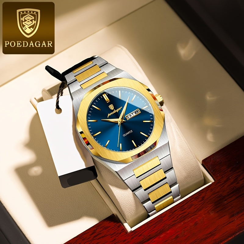 POEDAGAR Men'S Luxury Quartz Watch - Waterproof, Luminous Calendar, Stainless Steel Band, Business Style, Blue & Golden Accents, 3ATM, Non-Rechargeable Button Battery, Perfect for Spring Festival & Valentine'S Day Gifts
