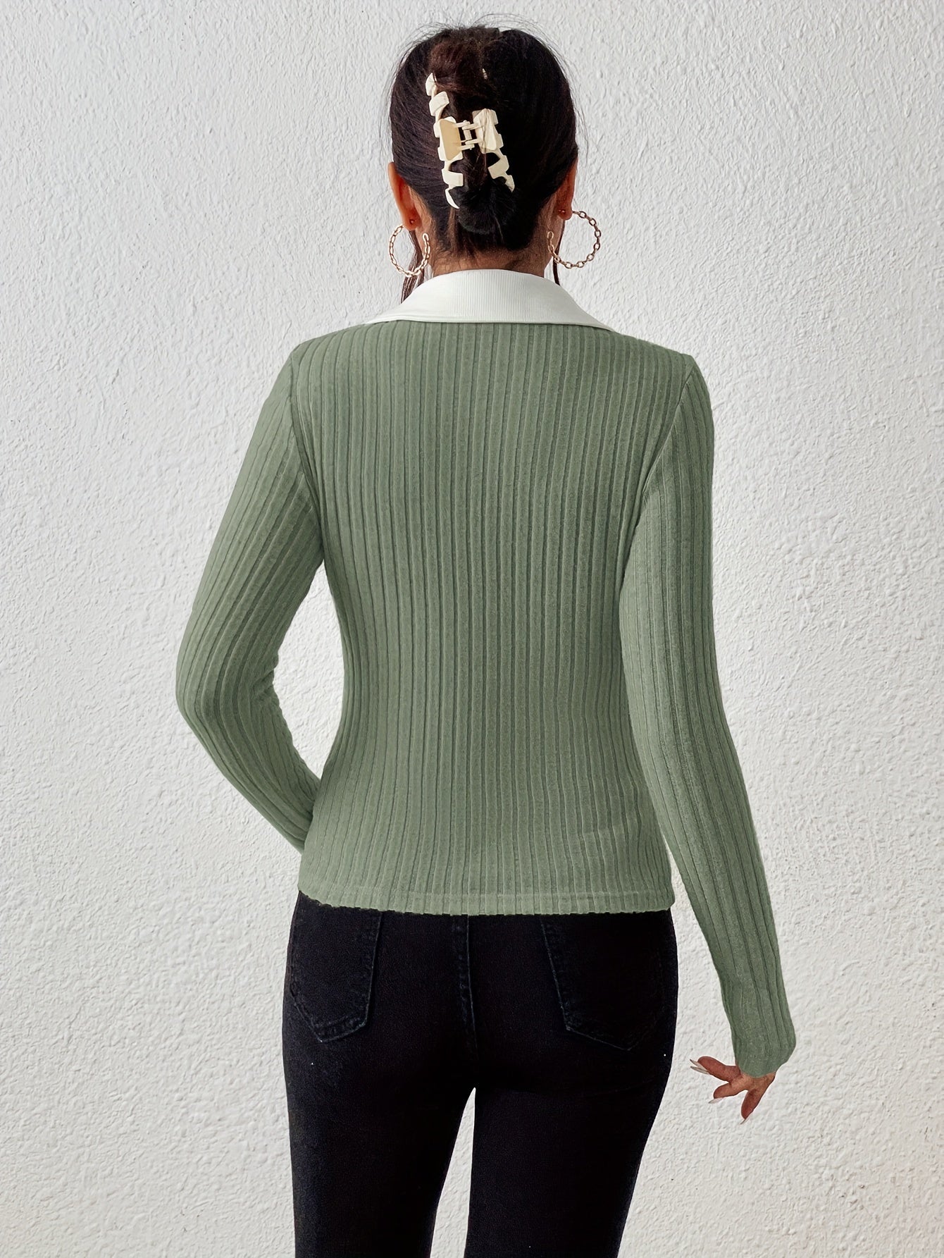 Women'S Ribbed Knit T-Shirt with Contrast Lapel Collar, Solid Color Patchwork, Polyester 67%, Viscose, Elastane 4%, Regular Length, Spring/Fall Season
