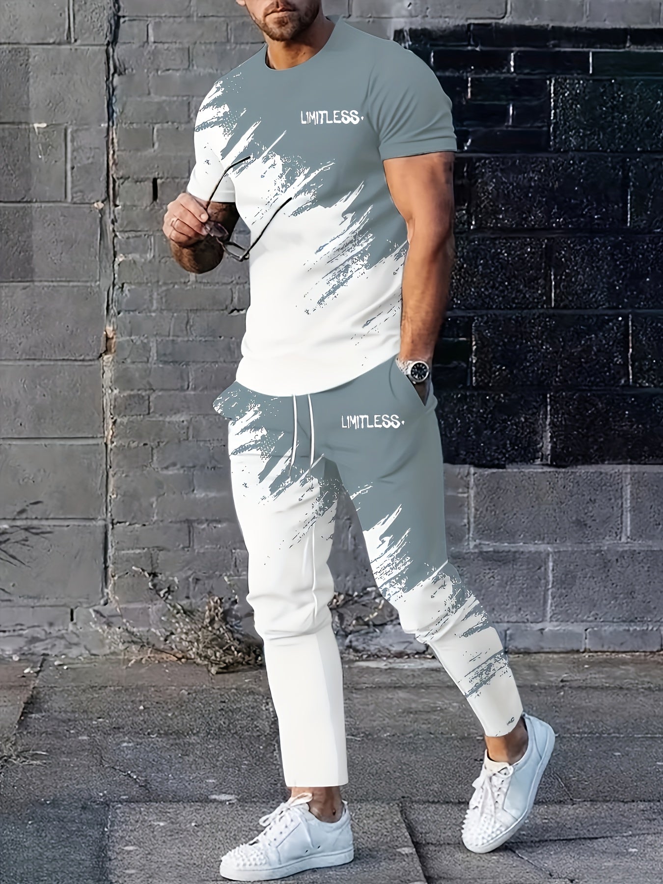 Men's Fashion Gradient Print Four Seasons Round Neck Short Sleeve T-shirt and Pants Set Outdoor Sports Two-piece