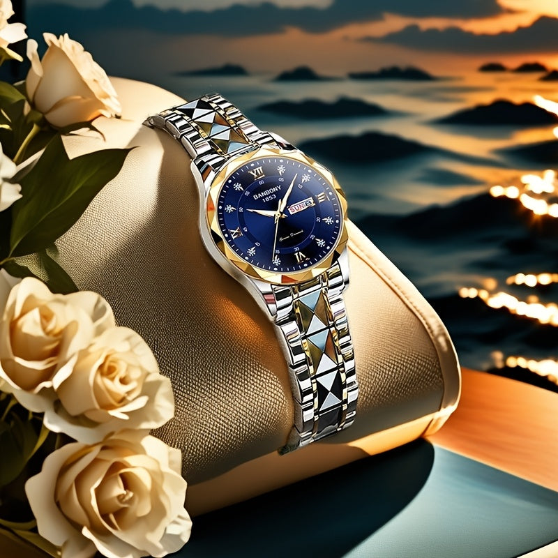 1pc Elegant BANBONY Stainless Steel Women'S Watch with Sparkling Rhinestones, Double Calendar, Glow-in-the-Dark Display, Waterproof - Ideal Gift for Birthdays, Anniversaries, and Special Occasions, Luxury Accessory | Elegant
