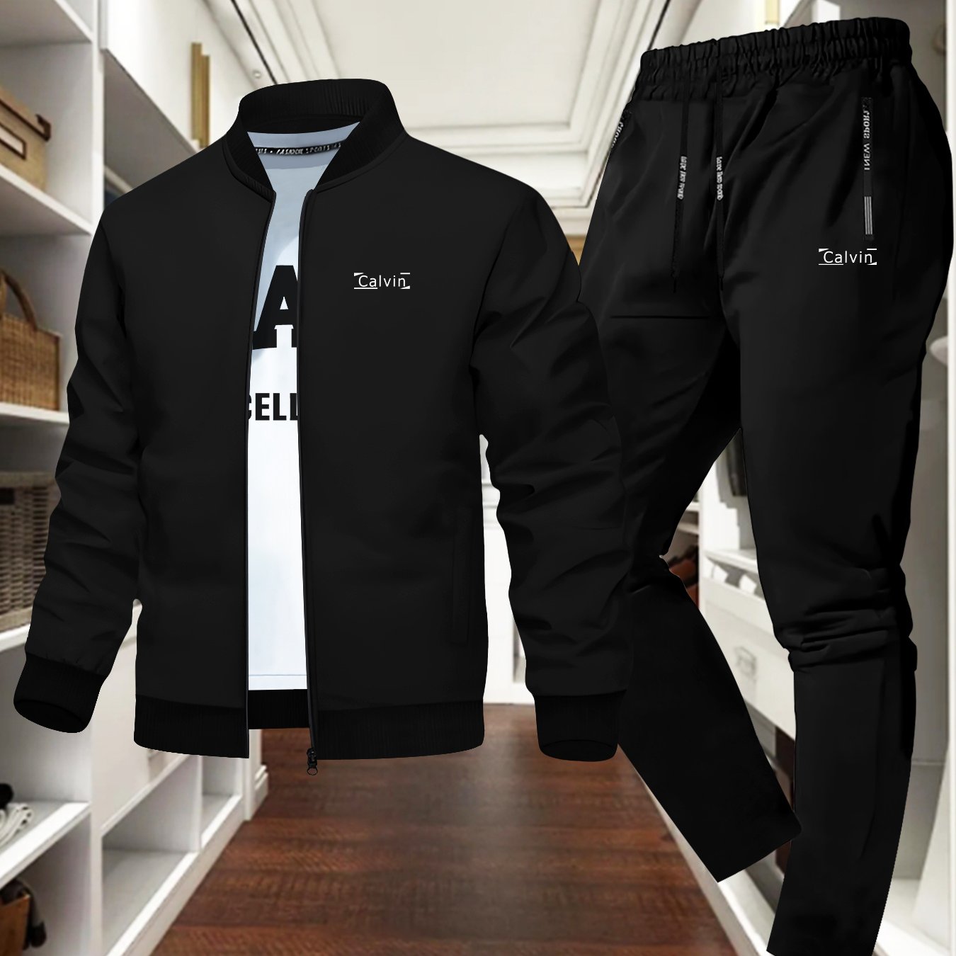 Men's New Calm and Stylish "" Print Jacket Shirt Set, Autumn-Winter Classic Trendy Versatile Two-Piece Outfit