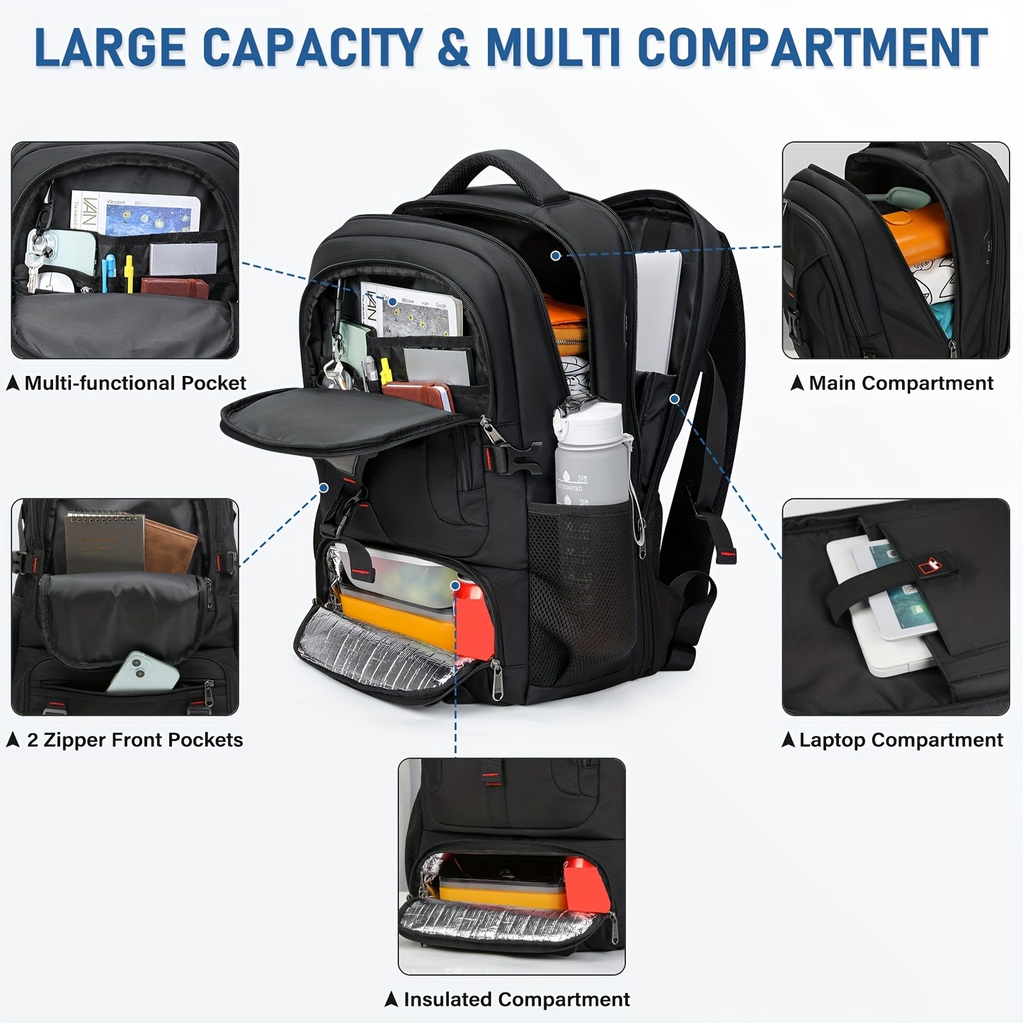 NUBILY 17.3-Inch Men'S Laptop Backpack, 50L Travel Pack, Large Work Backpack for School, College, Business - Non-Food Contact, Black Oxford Fabric with Mesh Windows, Zipper Closure, TSA-Compliant, College Backpack | Sleek Bac