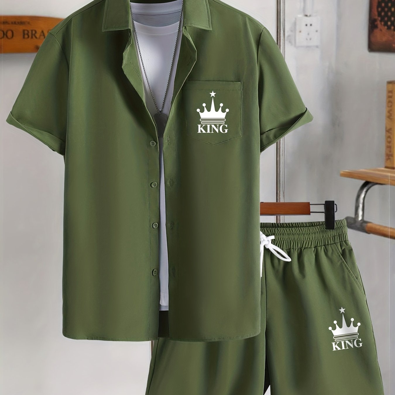 Men's Casual Short Sleeve Collar Shorts Printed Fashion Suit