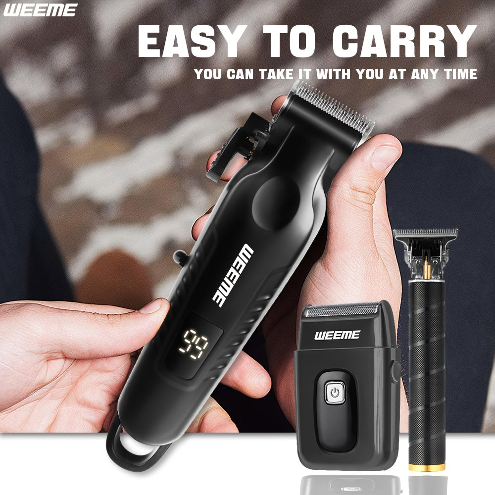 WEEME Men'S Grooming Three-Piece Set Multifunctional Electric Clipper Trimmer with Alloy Stainless Steel Blade Three-Speed Adjustment USB Fast Charging LCD Power Display Ultra-Long Battery Life Essential for Home Travel Car B
