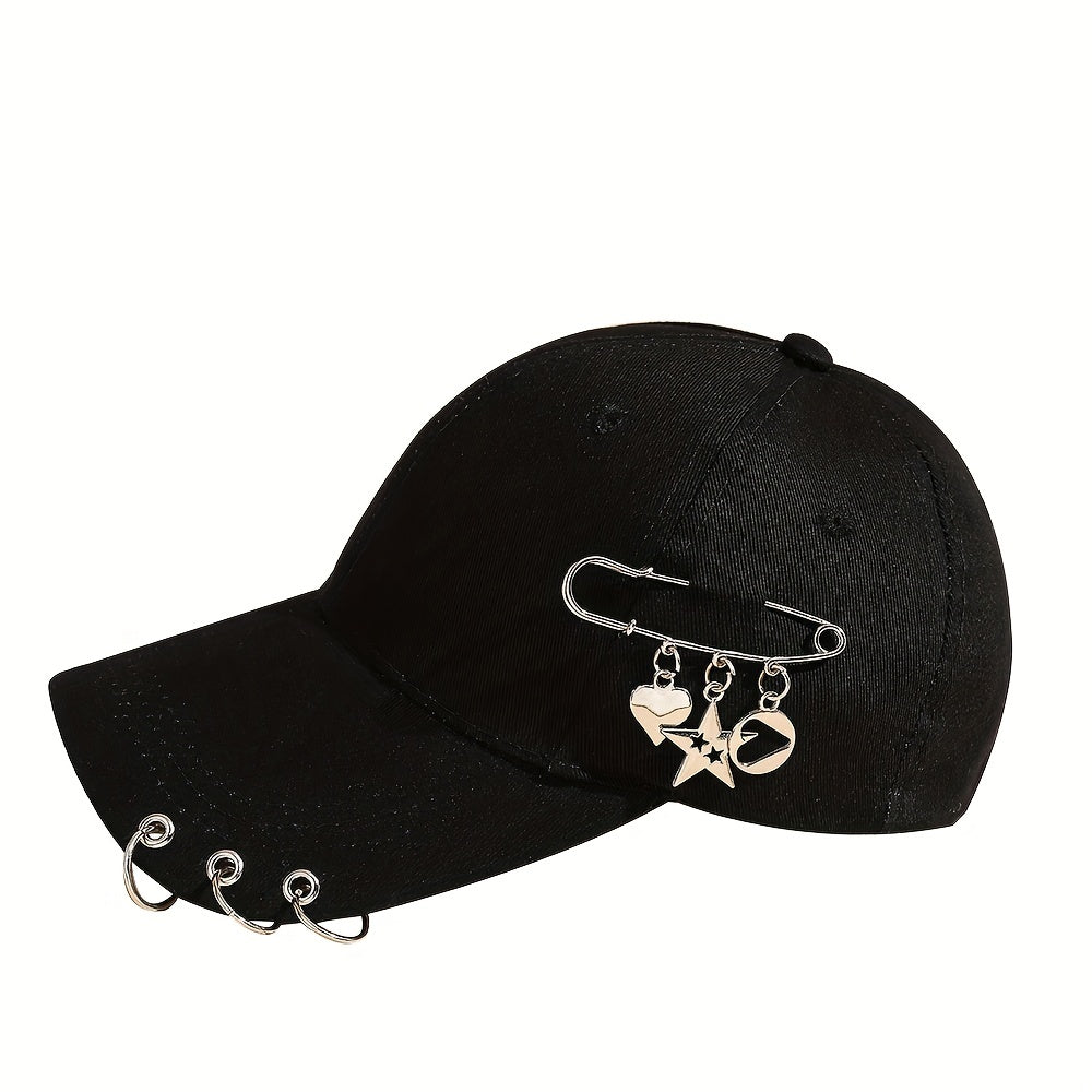 Adjustable Black Polyester Baseball Cap for Women - Trendy Korean Style with Heart & Star Pin, Versatile Fashion Accessory for Spring/Summer, Baseball Cap