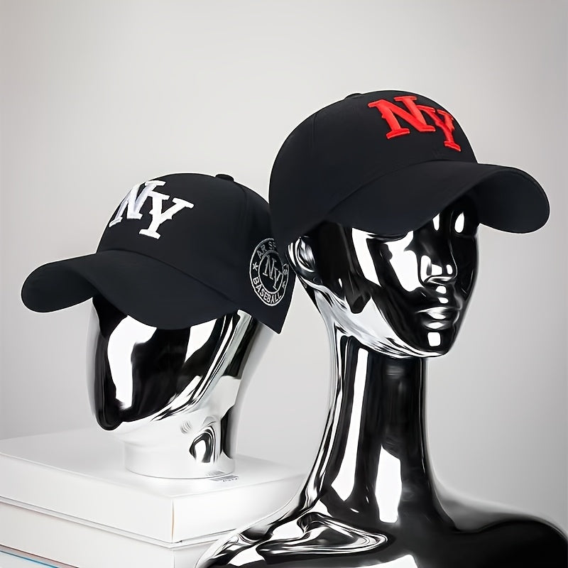 Unisex Fashion Casual Embroidered New York Logo Baseball Cap - Adjustable, Hip-Hop Style, Black & White, Black with Red Accents, Available in Two Colors, Perfect for Exercise, Running, Parties, Golf, and Beach Outings