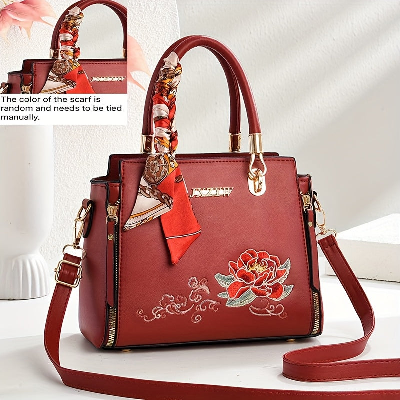 JXZYW Women'S Floral Embossed Large Capacity Tote Bag - Stylish White Shoulder Handbag with Golden-Tone Hardware, Black Handles & Floral Design for Commuting, Shopping, and Casual Outings, Versatile Carryall, Sophisticated Ac