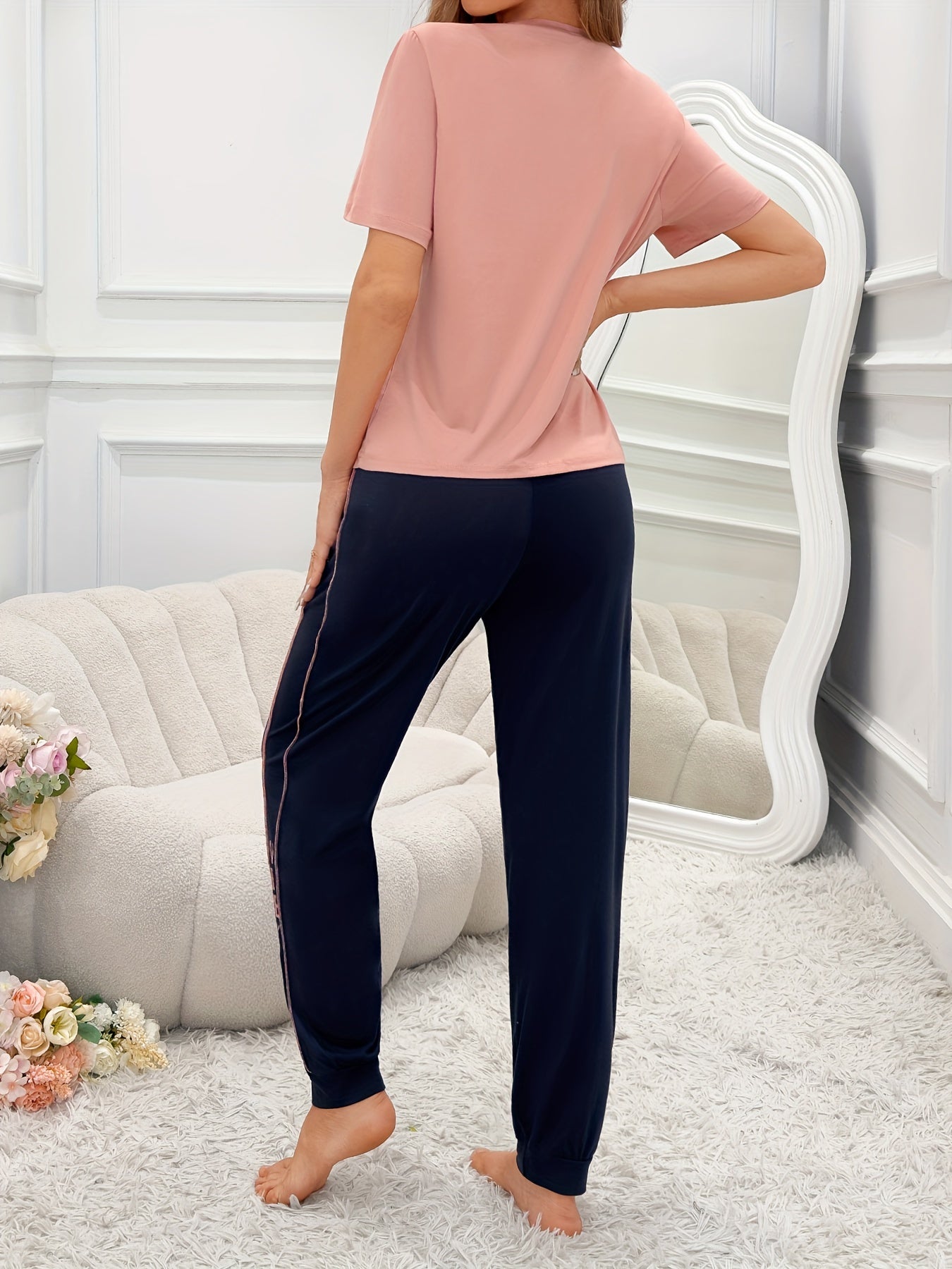 Women's Letter Print Casual Lounge Set, Short Sleeve Round Neck Top & Jogger Pants, Comfortable Relaxed Fit