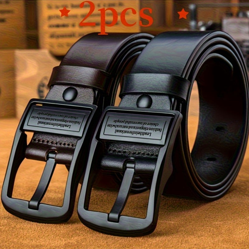 2pcs Men'S Premium Faux Leather Belt with Vintage Square Alloy Buckle - Double-Sided Durable Black Business Casual Belt, Multiple Sizes, Ideal Father'S Day Gift