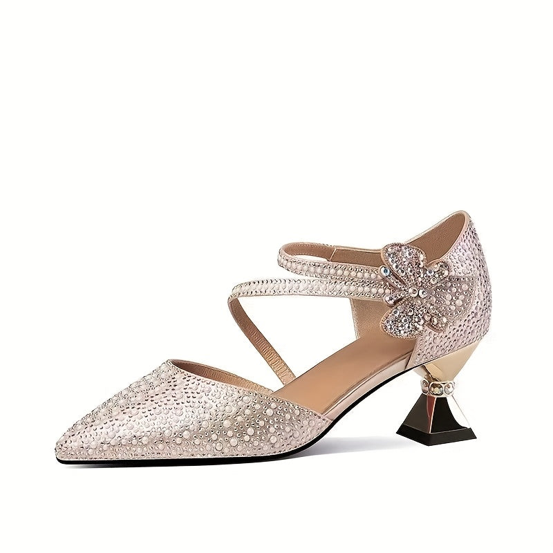Women'S Sparkling Rhinestone-Embellished Pointed-Toe Mid-Heel Shoes - Elegant Summer Dress Shoes with Floral Bow Detail, Black Platform Sole, and Beige Canvas Upper for Weddings, Parties, and Formal Events, Formal Footwear |