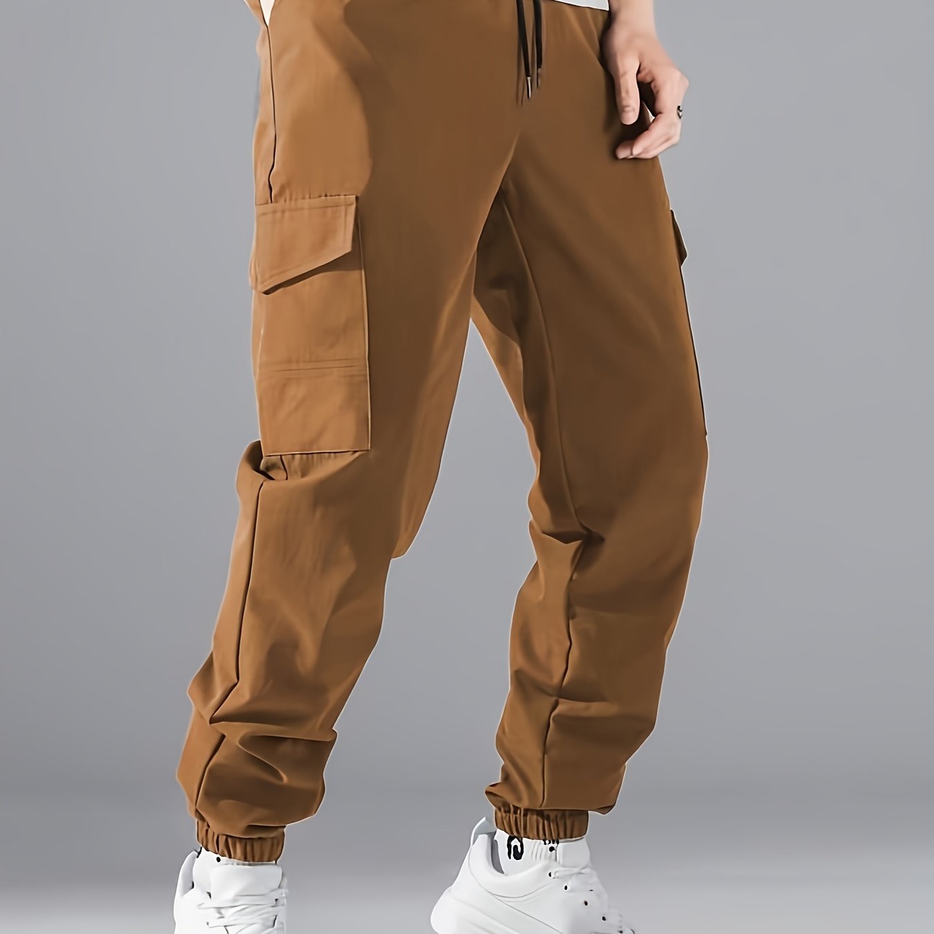 Men's Casual Athletic Cargo Pants - Solid Color, Polyester, Machine Washable with Multiple Pockets