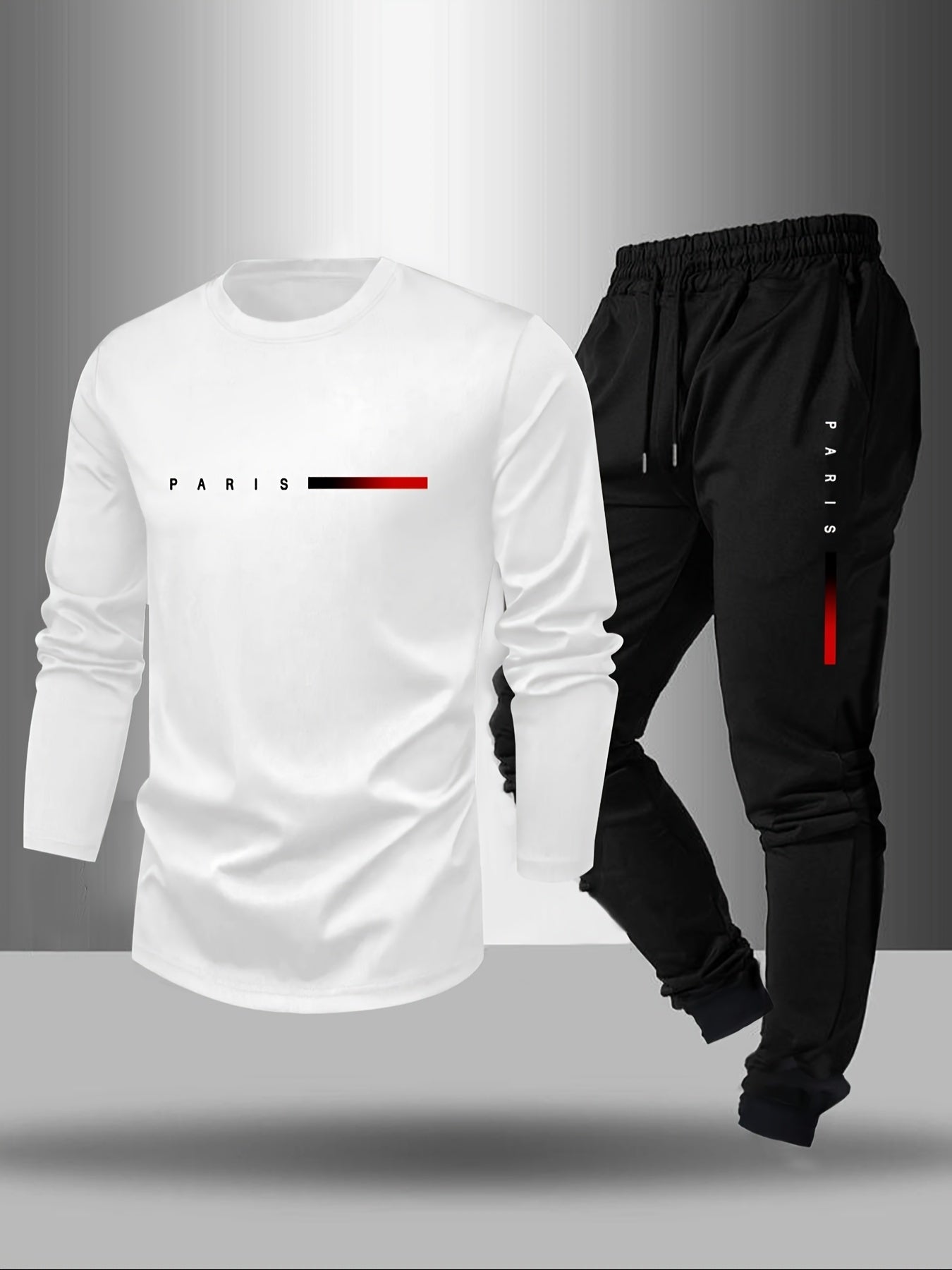 Men's Long Sleeve T-shirt and Pants Set, Spring/Autumn 2pcs set with Paris letter print round neck long sleeve T-shirt + drawstring outdoor casual sports pants set of 2