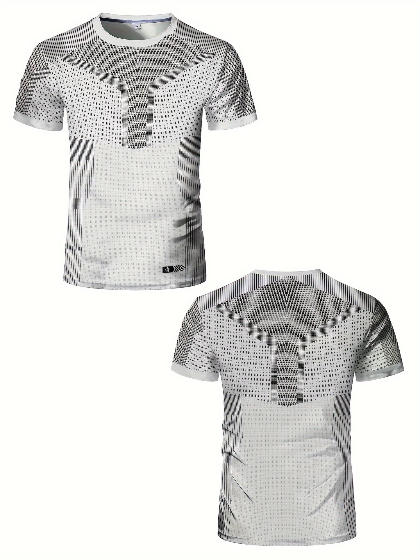 A Black And White Patterned Print Design, Men'S Sporty Fashion, Geometric Print High-Elastic Tight-Fitting Short-Sleeve Round-Neck T-Shirt, Quick-Drying Sports Top for Summer Fitness, Training, And Workout, with a Cool Feel,