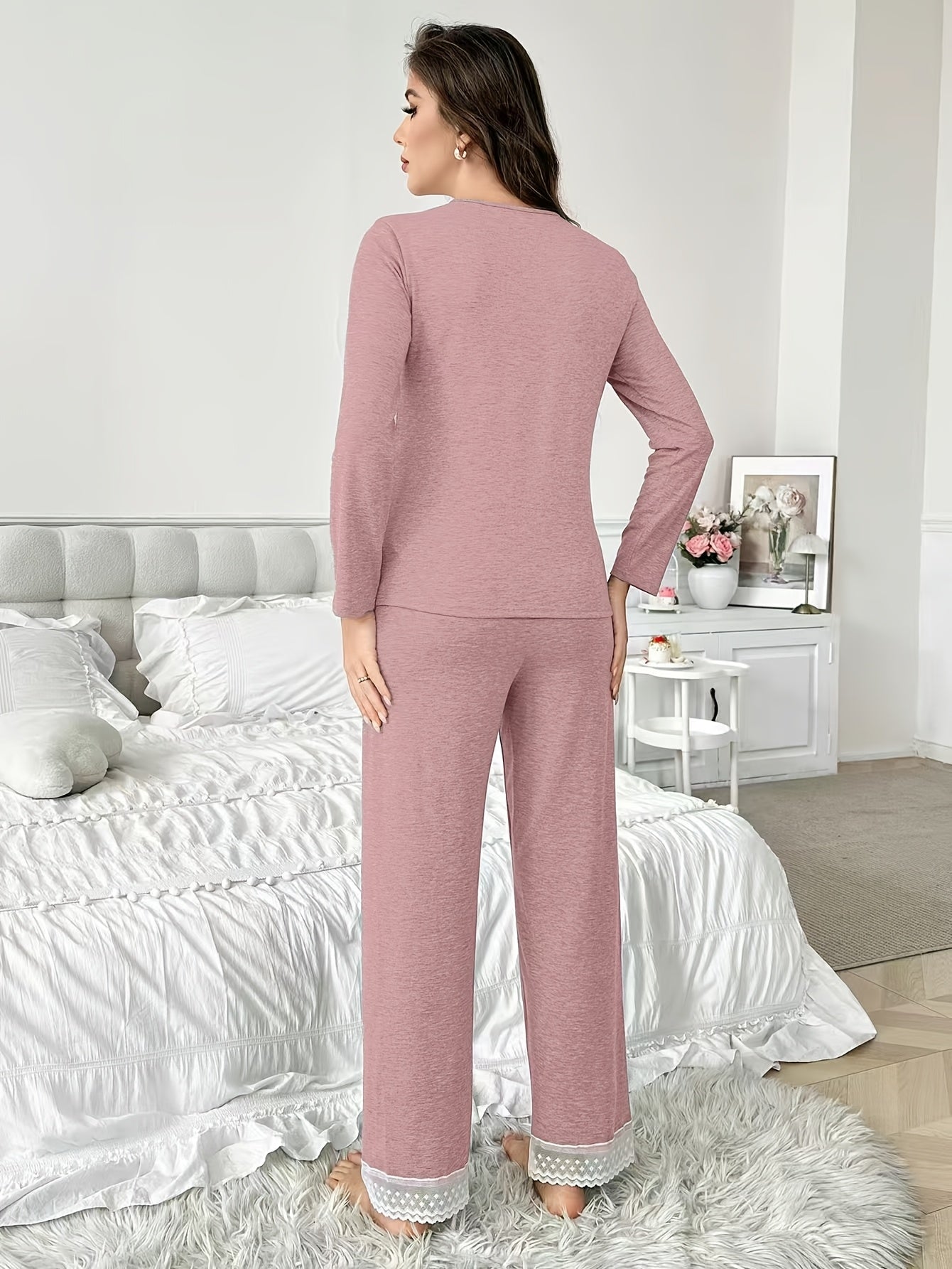 Elegant Women'S Lace-Trimmed Long Sleeve Knit Pajama Set - V-Neck, Solid Color, Ribbed Detail, Perfect for Spring & Fall, Comfortable Loungewear, Relaxed Fit Pajamas | Vneck Top & Long Sleeve Pants | Polyester Blen