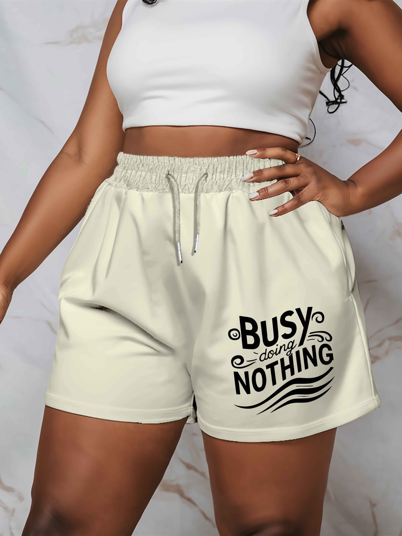 Busy doing nothing 2025 New Plus Size Women'S Shorts Summer Casual Versatile Medium Pants Sports American Trendy Outerwear Extra Large Five-Fifth Pants Summer Beach Pants - Polyester, Casual, Summer, Track Shorts, Slight Stre