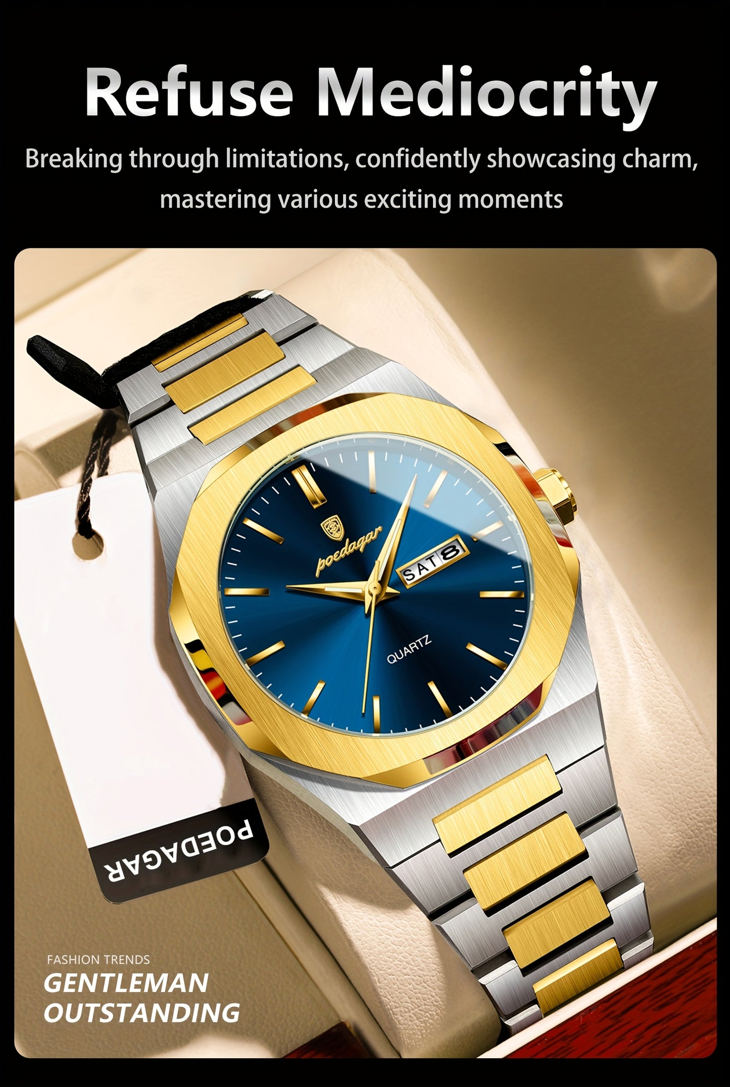 POEDAGAR Men'S Luxury Quartz Watch - Waterproof, Luminous Calendar, Stainless Steel Band, Business Style, Blue & Golden Accents, 3ATM, Non-Rechargeable Button Battery, Perfect for Spring Festival & Valentine'S Day Gifts