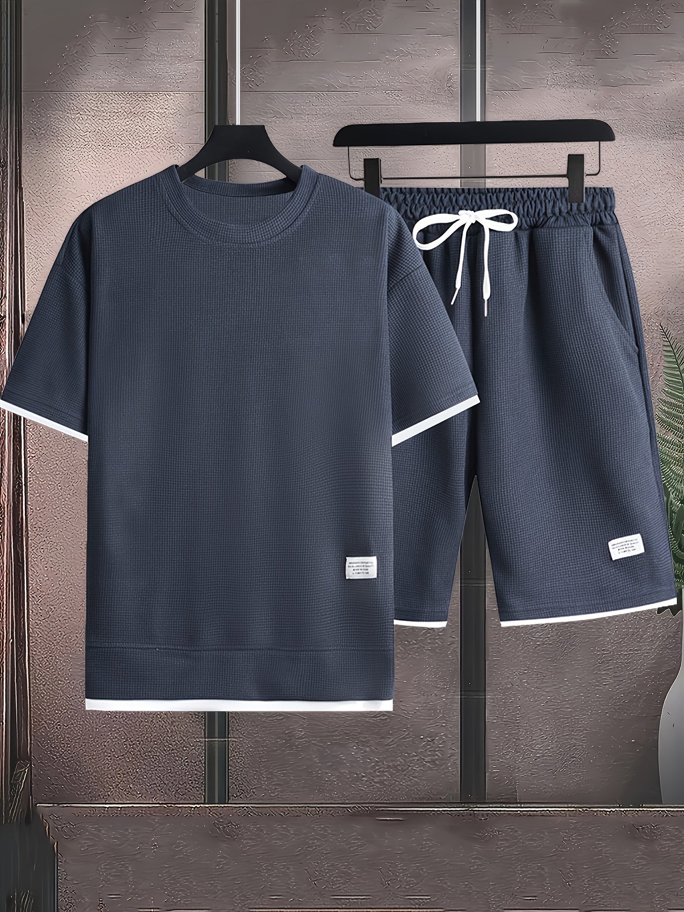 Waffle short-sleeved T-shirt Men's casual sports suit summer loose fake two-piece half-sleeve T-shirt set
