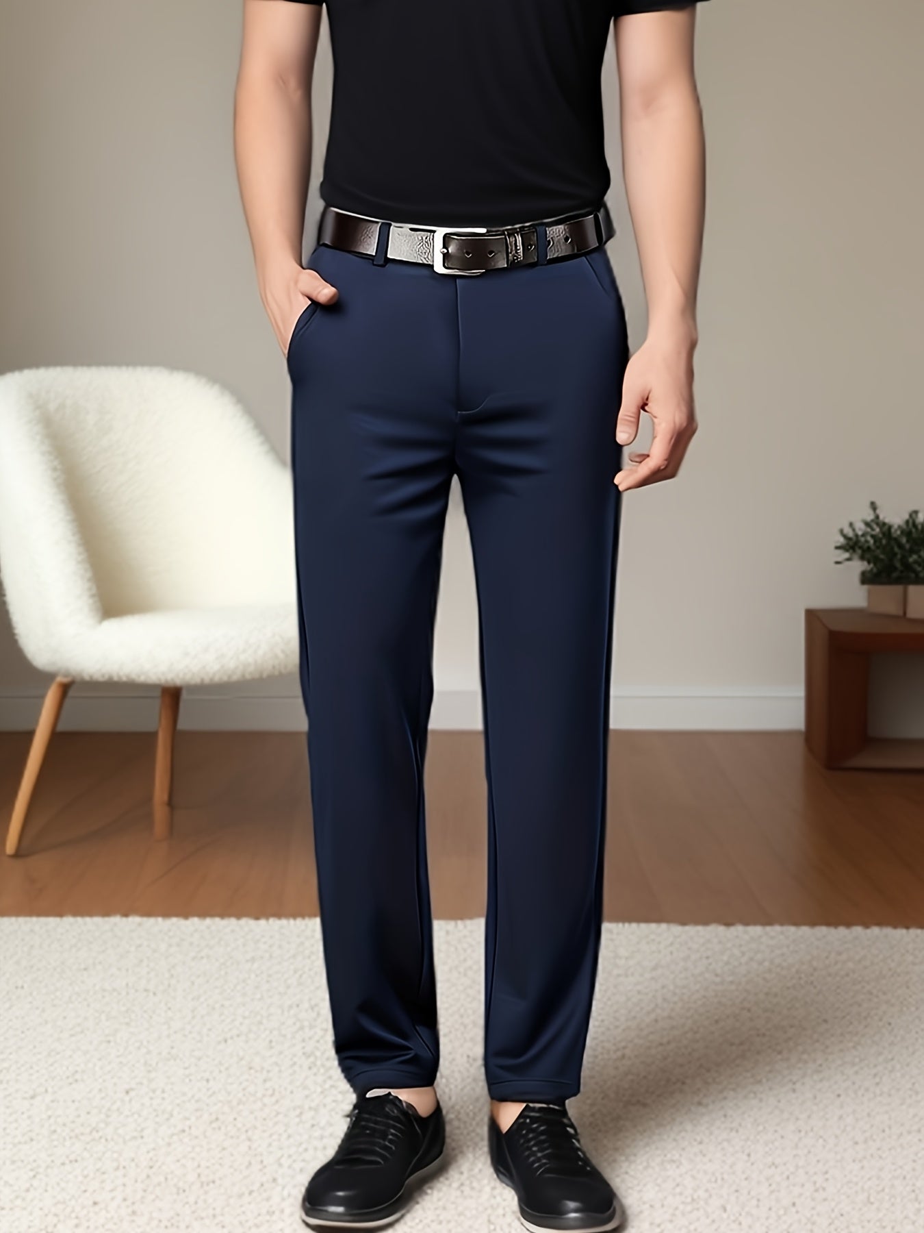 Men'S Classic Black Dress Pants - Nylon Blend, Straight Leg, Straight Leg Pants for Business Occasions