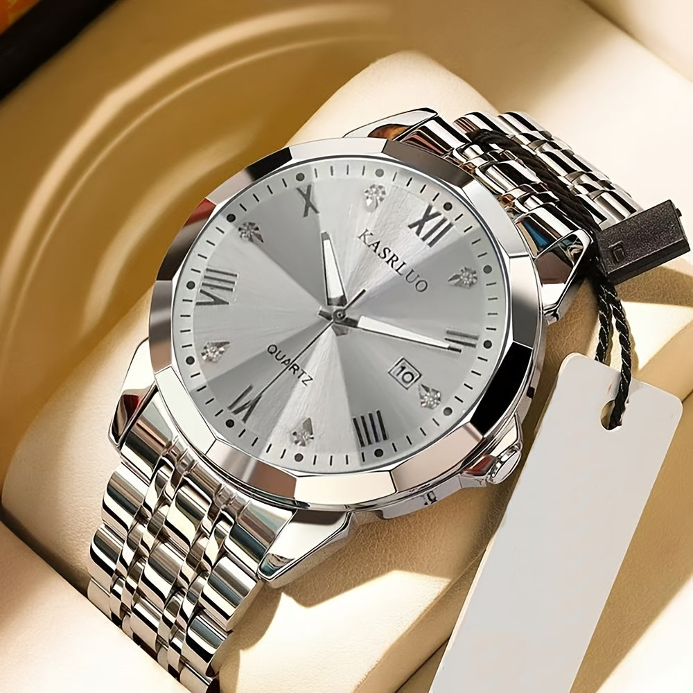 KASRLUO Men's Elegant Stainless Steel Watch with Crystal Roman Numerals & Date Display - Business Style, Quartz Movement