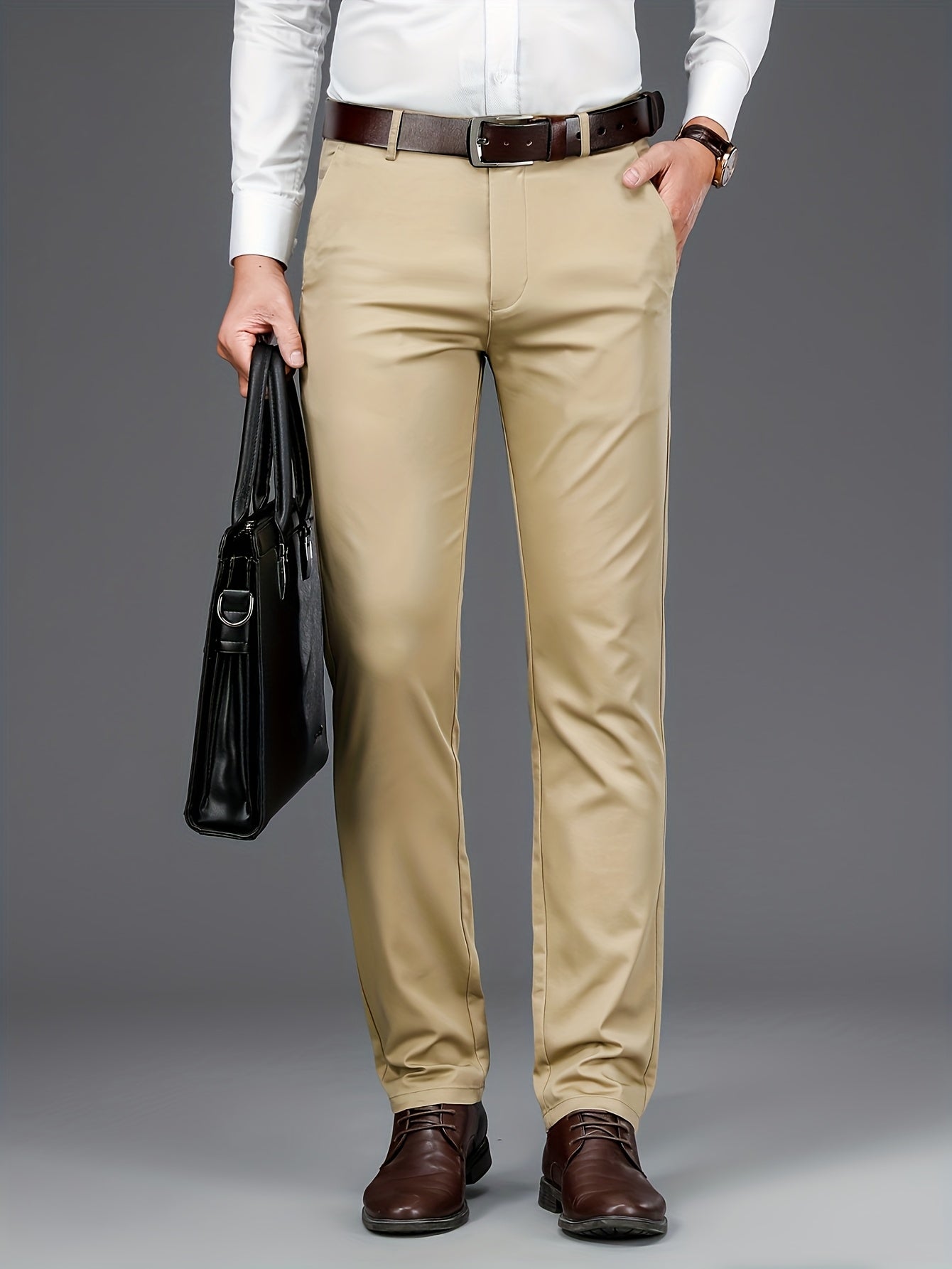 Men'S Stretch Fit Straight-Leg Trousers - Beige Business Casual Pants with Elastic Waistband, Perfect for Spring & Fall, Office Attire|Sleek Formal Attire|Comfortable Fit