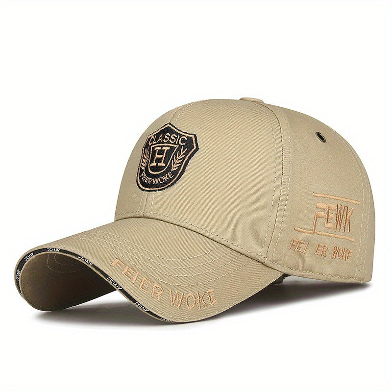 FEWK Unisex Baseball Cap | Breathable Polyester | Adjustable Fit | Embroidered Logo & Golden Badge | Stylish Streetwear for Spring/Autumn, Outdoor Headwear | Golden Badge Design | Durable Cap