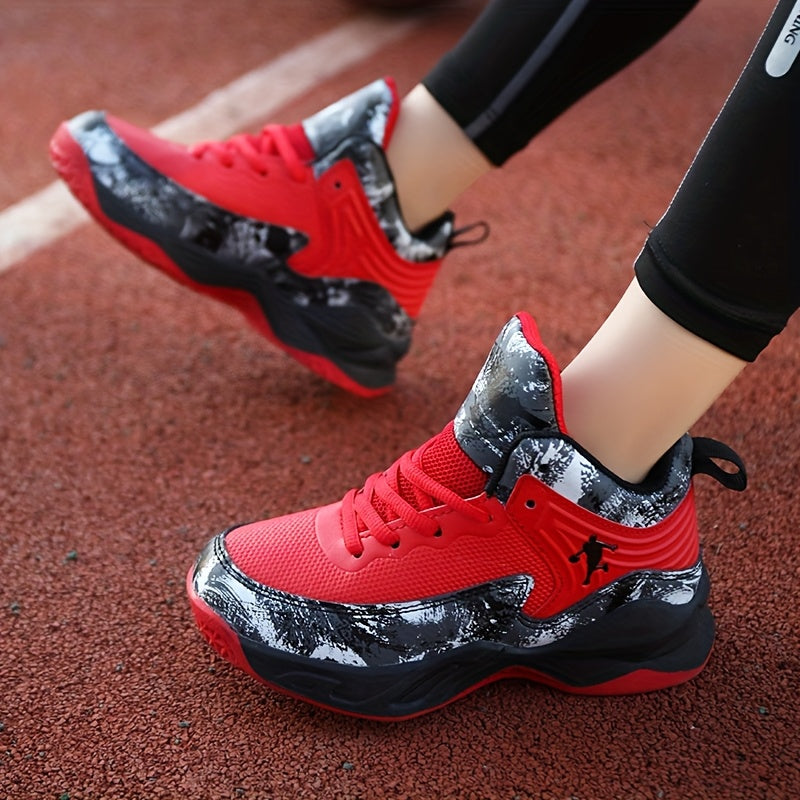 Youth Mid-Top PU Sports Sneakers - Comfortable, Lace-Up Basketball Shoes with Red & Black Design, TPR Sole for Outdoor Training, Running & Casual Wear, Basketball Shoes