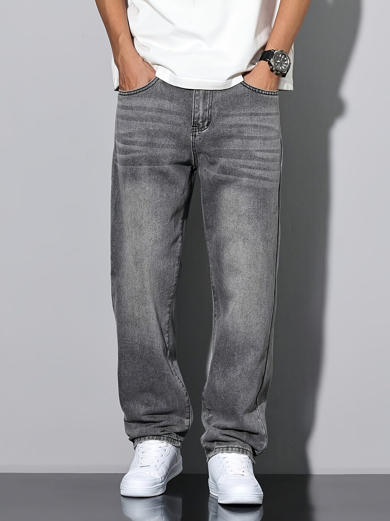 Men'S Casual Loose Fit Denim Jeans, 88.5% Cotton 8.5% Polyester 3% Rayon, All-Season Solid Color Washed Fabric, Regular Length, Non-Stretch Woven Denim Pants