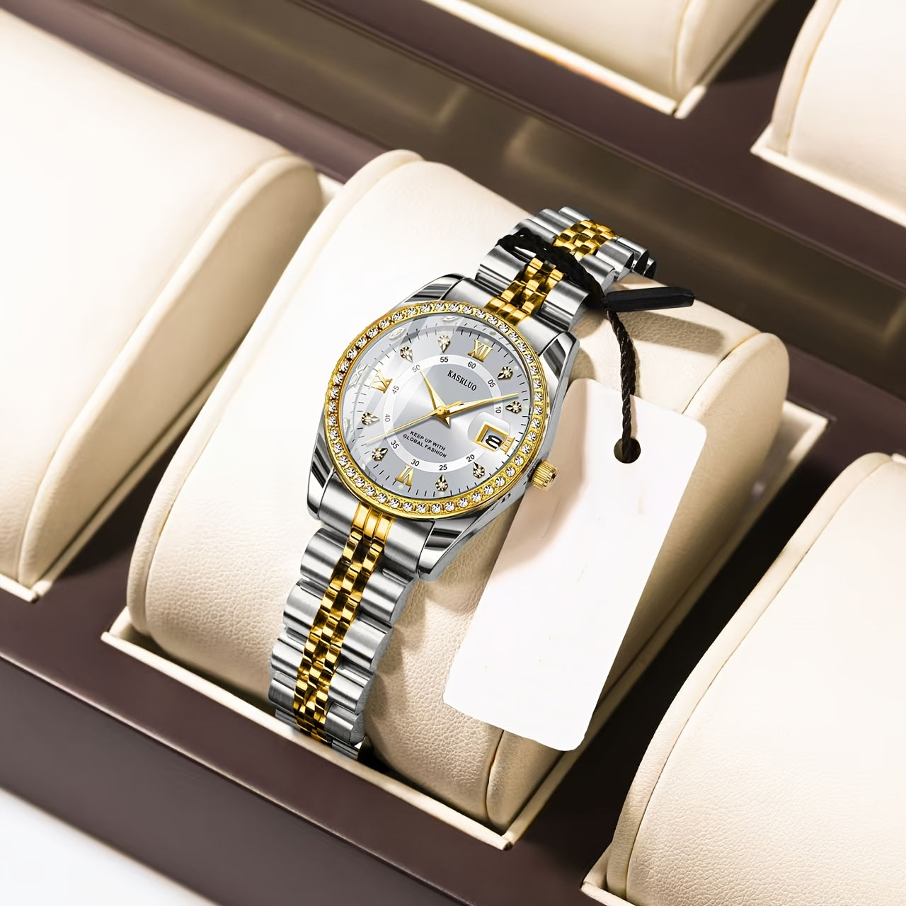 KASRLUO Women's Stainless Steel Quartz Watch with Luminous Rhinestone Date Display, Blue Dial & Golden-Tone Band - Elegant Business Style, Casual Elegance | Elegant Timepiece | Luminous Dial