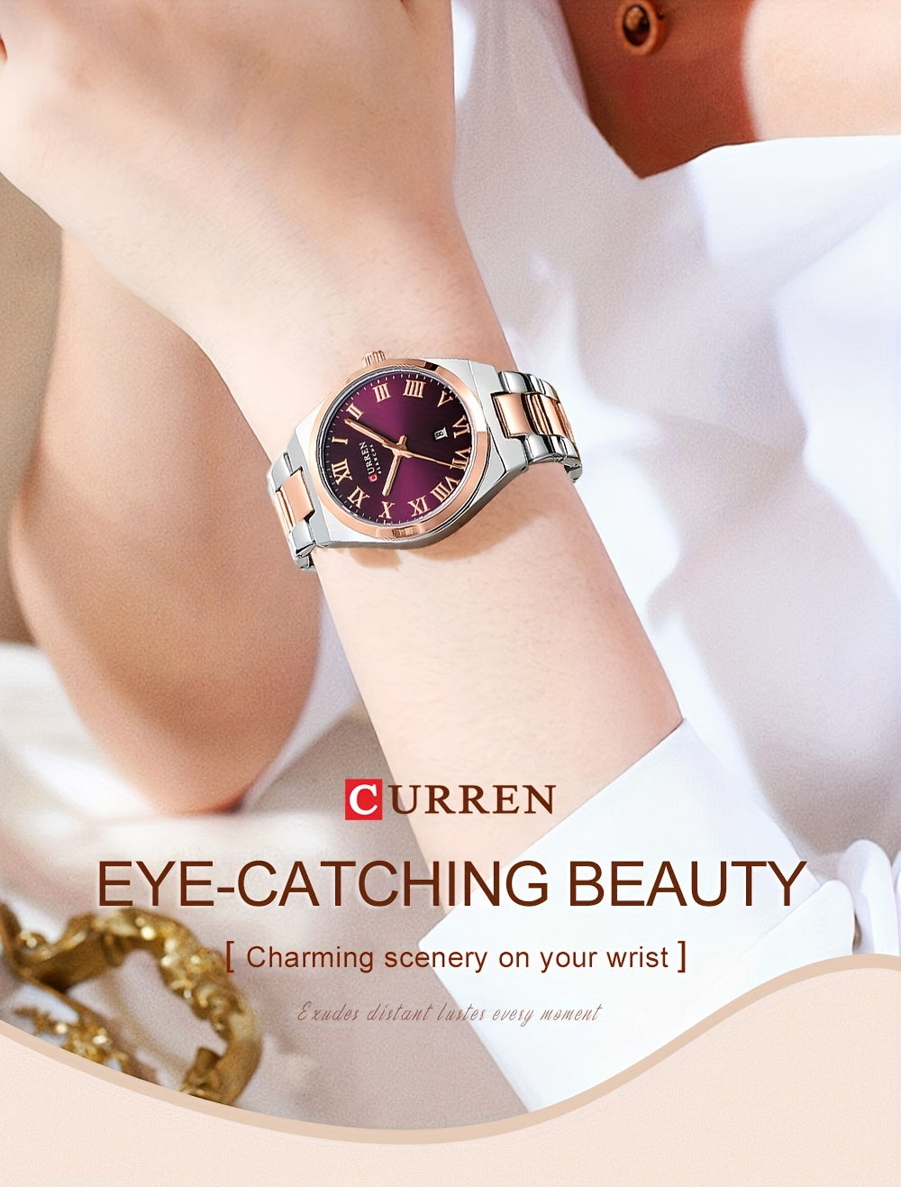 Fashionable Brand Of CURREN Ladies' Watches With A Casual And Simple Stainless Steel Strap, Featuring A Calendar And Quartz Movement.