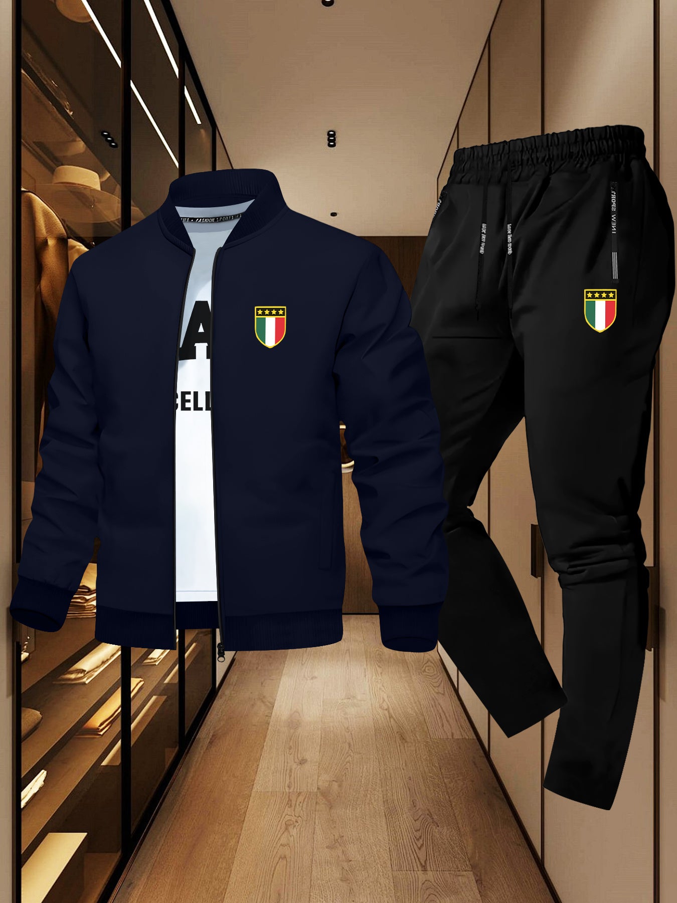 Men'S Trendy Design Jacket Two-Piece Suit with Five-Pointed Star Print, Casual Youth Casual Sports Jacket Suit