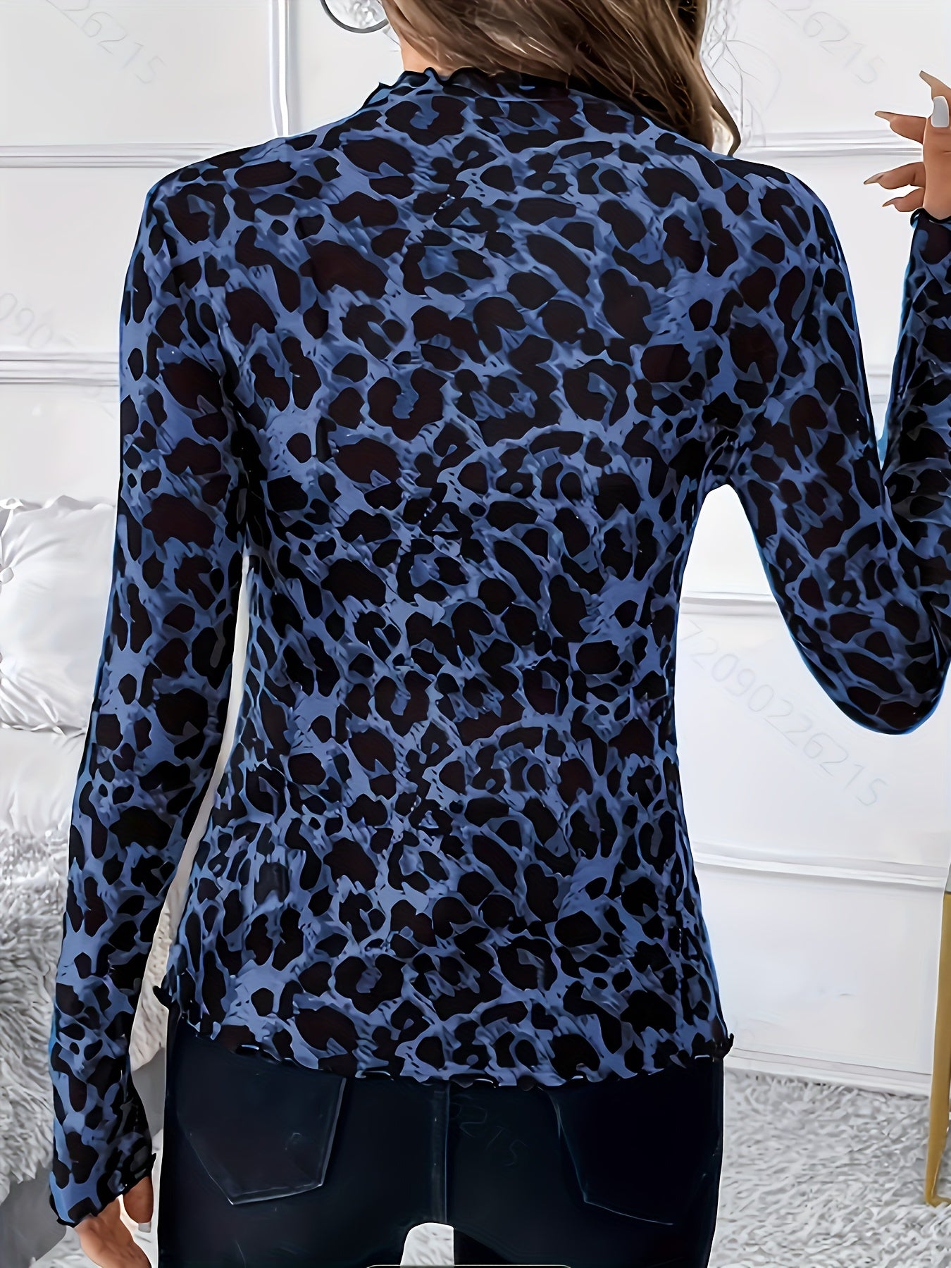 Women'S Elegant Leopard Print Long Sleeve T-Shirt - Stretchy Polyester Blend, Semi-High Neck, Ruffled Hem, Machine Washable, Spring/Summer/Fall Top, Casual Wear|Ruffled Hem Top|Stretchy Fabric