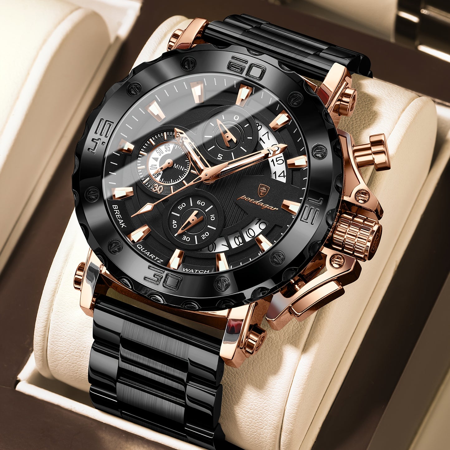 POEDAGAR Men'S Luxury Stainless Steel Business Watch with Date Display, 3ATM Blue Dial, Rotating Bezel, Alloy Case, Quartz Movement - Elegant Formal Accessory, Formal Accessory|Luxurious Watch|Quartz Movement Watch