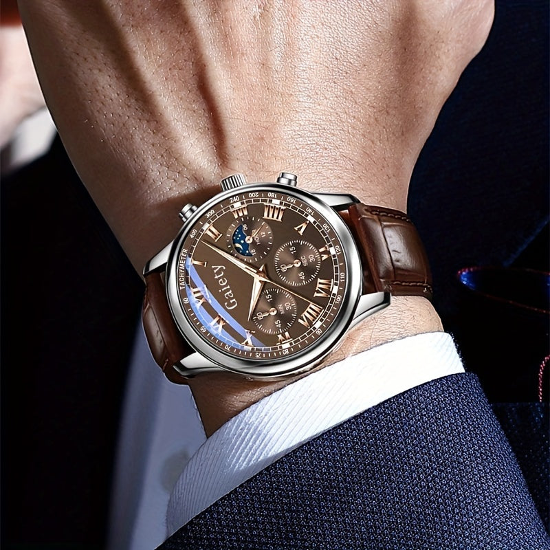 1pc GAIETY Men'S Luxury Quartz Watch with Matching Faux Leather Belt, Round Alloy Case, Non-Rechargeable Battery - Fashion Business Sport Watch Combo