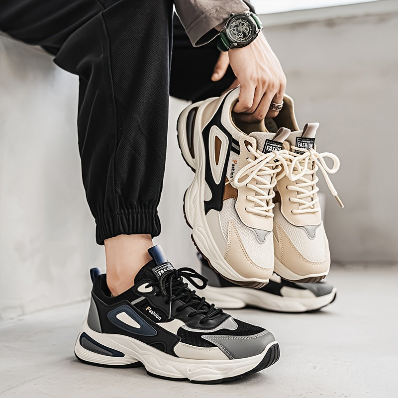 Men's Fashion Sneakers - White/Black/Brown PU Upper, Breathable Fabric Lining & Cushioned EVA Insole, Durable PVC Sole, Lace-Up Mid-Top Design for All-Season Casual & Daily Wear, High Top Sneakers, Versatile Footwear, Modern