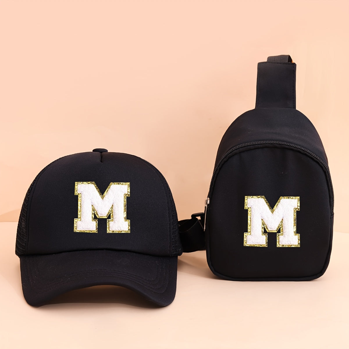 2pcs Kids' Printed Alphabet Pattern Set, Includes 1 Black Stylish Breathable Trucker Hat and 1 Black Crossbody Bag, Lightweight Sun Hat with Small Coin Purse, Suitable for Boys and Girls Aged 5-10 for Daily Outings and Back-t