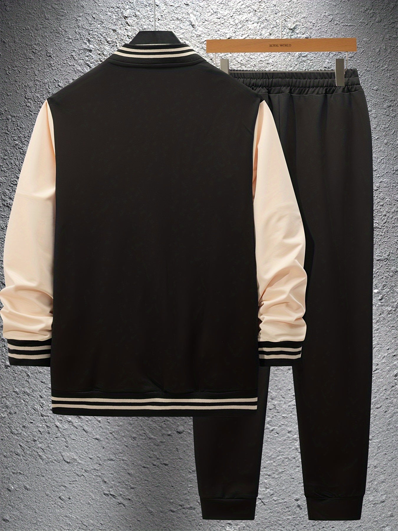 Men's Casual Baseball Jacket & Pants Set - Color Block, Polyester, Button-Up with Belt Detail for Spring/Fall