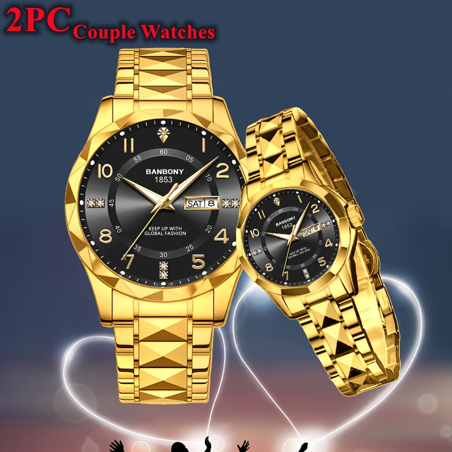 2pcs BNDBONY Brand Men And Women Couples Quartz Watch Stainless Steel Strap Scratch-Resistant Wear Luminous Pointer Digital Simple Hd Disc IPX7 Waterproof Fashion Multifunctional Couples Watch Holiday Couples Lover Birthday G