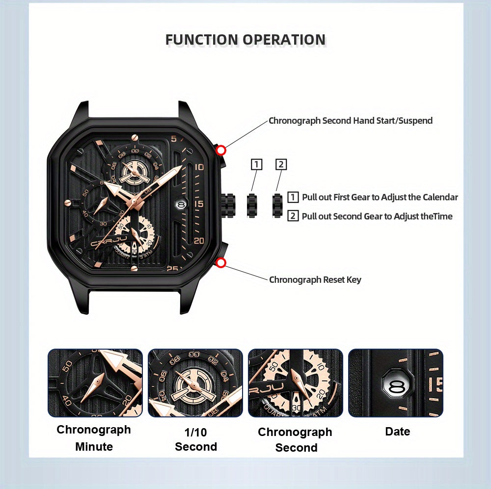 CRRJU Men's Sporty Chronograph Watch with Rose Golden Accents, Quartz Movement, IPX8 High Quality, Black Dial & Brown Faux Leather Strap - Durable Casual & Formal Timepiece
